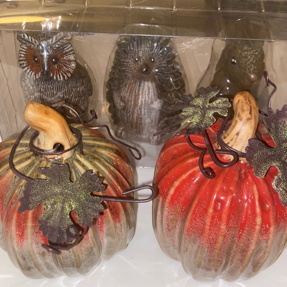Autumn Harvest Owl and Pumpkin Figurine Set